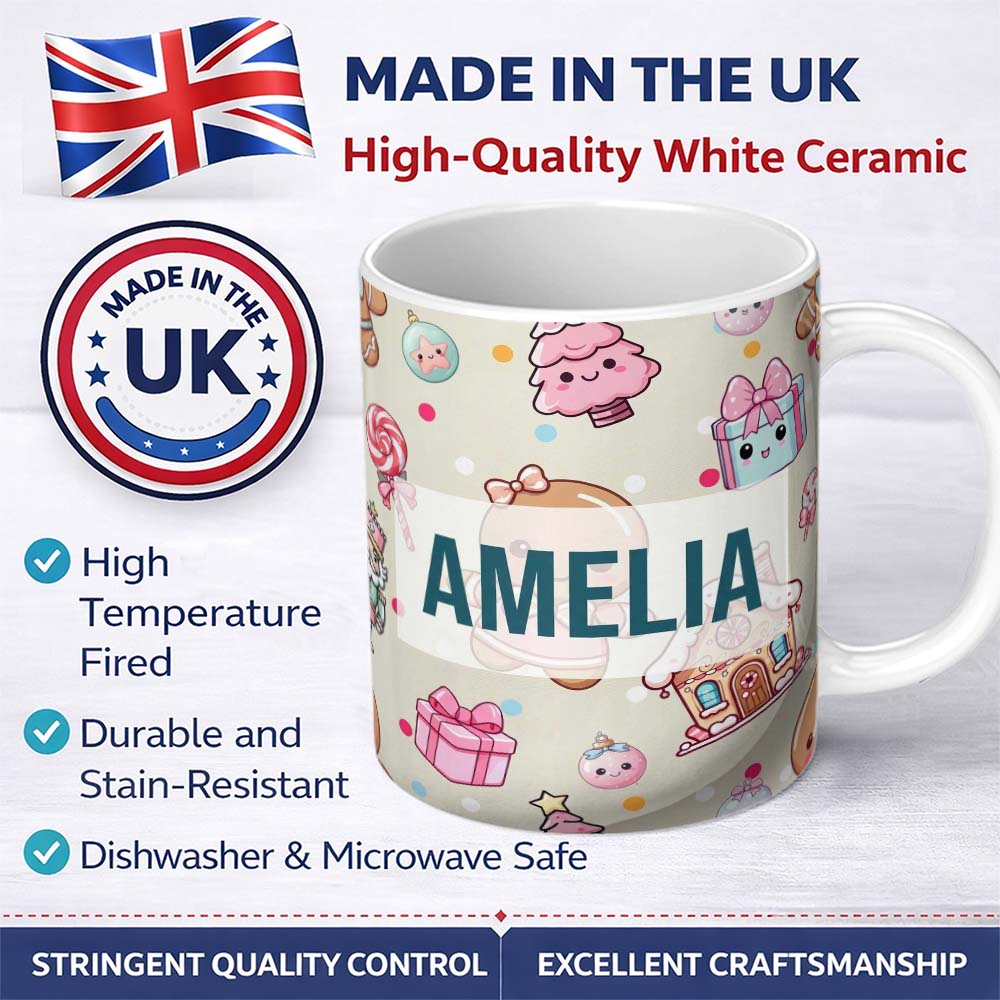 Personalized Custom Name Cute Gingerbread Candy House Sweets Cream Background Seamless 11oz Ceramic Coffee Tea Mug White Large Handle
