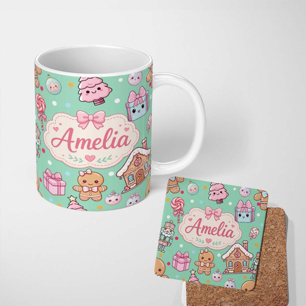 Personalized Custom Name Cute Gingerbread Candy House Sweets Green Background Seamless 11oz Ceramic Coffee Tea Mug White Large Handle