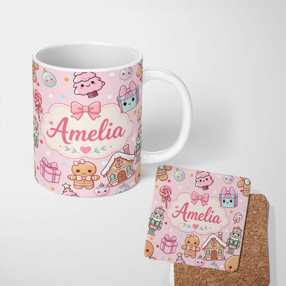 Personalized Custom Name Cute Gingerbread Candy House Sweets Pink Background Seamless 11oz Ceramic Coffee Tea Mug White Large Handle