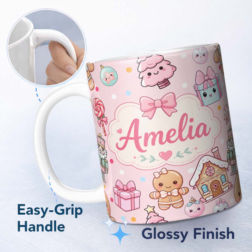 Personalized Custom Name Cute Gingerbread Candy House Sweets Pink Background Seamless 11oz Ceramic Coffee Tea Mug White Large Handle