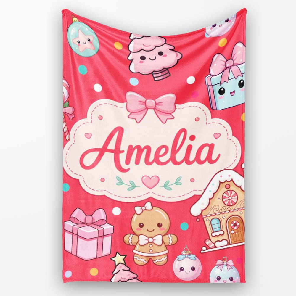 Cute Gingerbread Girl Candy House Sweets Red Background Seamless Personalised Custom Name Super Soft Fleece Blanket Bed Sofa Throw