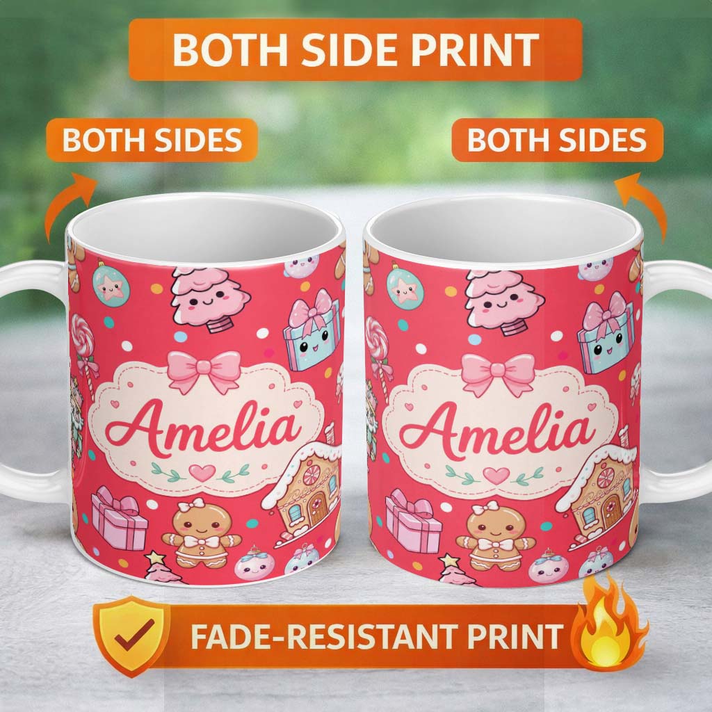 Personalized Custom Name Cute Gingerbread Girl Candy House Sweets Red Background Seamless 11oz Ceramic Coffee Tea Mug White Large Handle