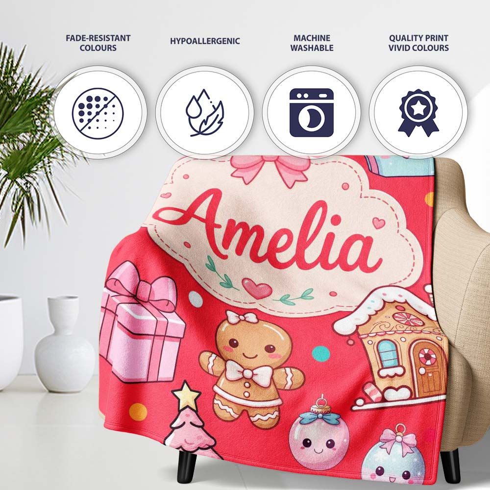 Cute Gingerbread Girl Candy House Sweets Red Background Seamless Personalised Custom Name Super Soft Fleece Blanket Bed Sofa Throw