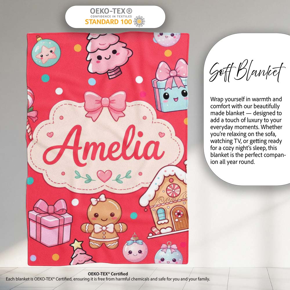 Cute Gingerbread Girl Candy House Sweets Red Background Seamless Personalised Custom Name Super Soft Fleece Blanket Bed Sofa Throw