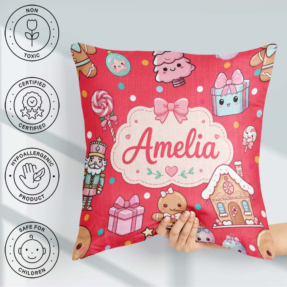 Custom Name Cute Girl Candy House Sweets Red Background Seamless Square Filled Cushion Throw Pillow Sofa Bed Home Decor Zip Washable UK Made