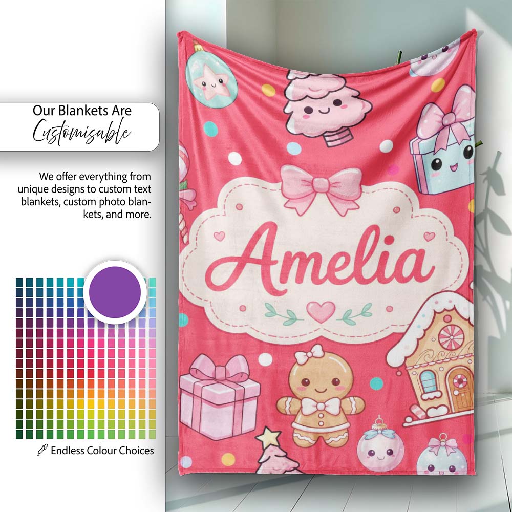 Cute Gingerbread Girl Candy House Sweets Red Background Seamless Personalised Custom Name Super Soft Fleece Blanket Bed Sofa Throw