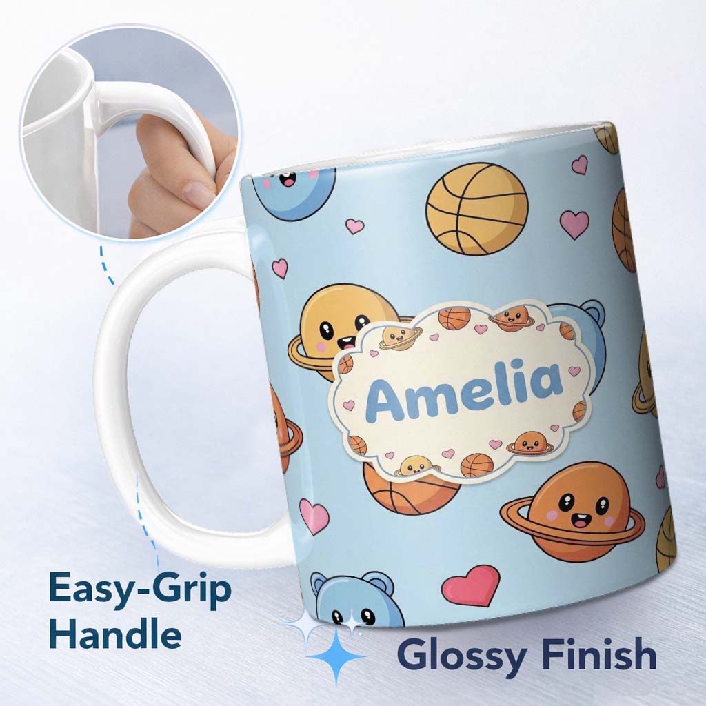 Personalized Custom Name Cute Kawaii Planets Basketball Hearts Fun Space Seamless Pattern 11oz Ceramic Coffee Tea Mug White Large Handle