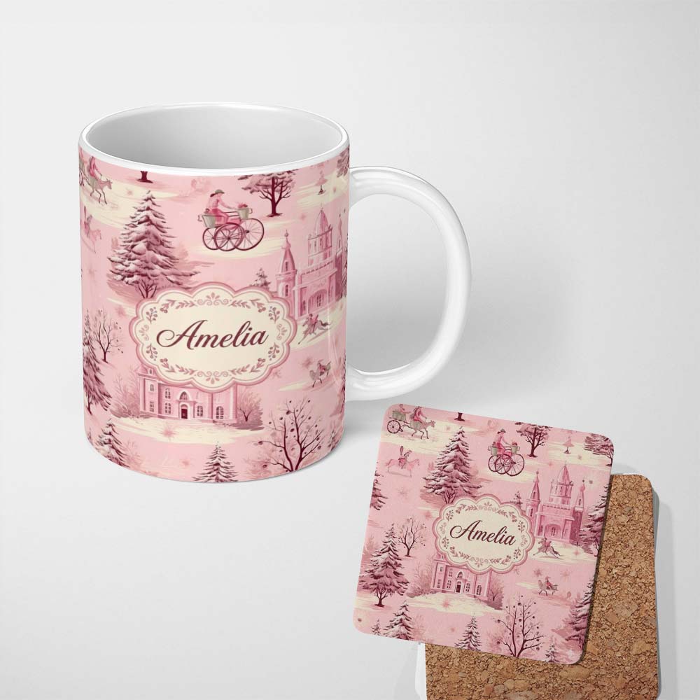 Personalized Custom Name Vintage Pink Christmas Village Winter Scene Seamless Pattern Lovely 11oz Ceramic Coffee Tea Mug White Large Handle