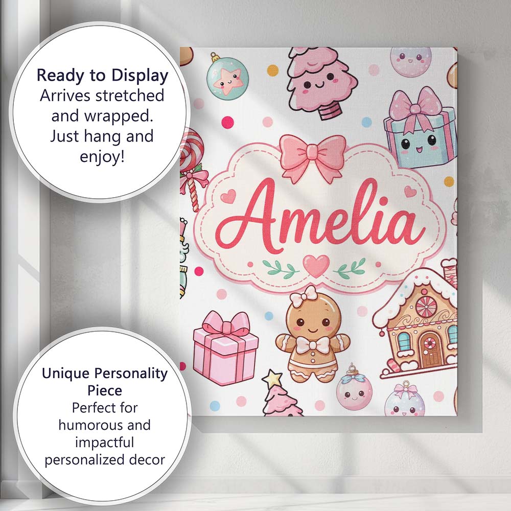 Personalised Name Cute Gingerbread Girl Custom Modern Room Accent Elegant Feature Canvas Wall Art Print Decor Picture Ready to Hang