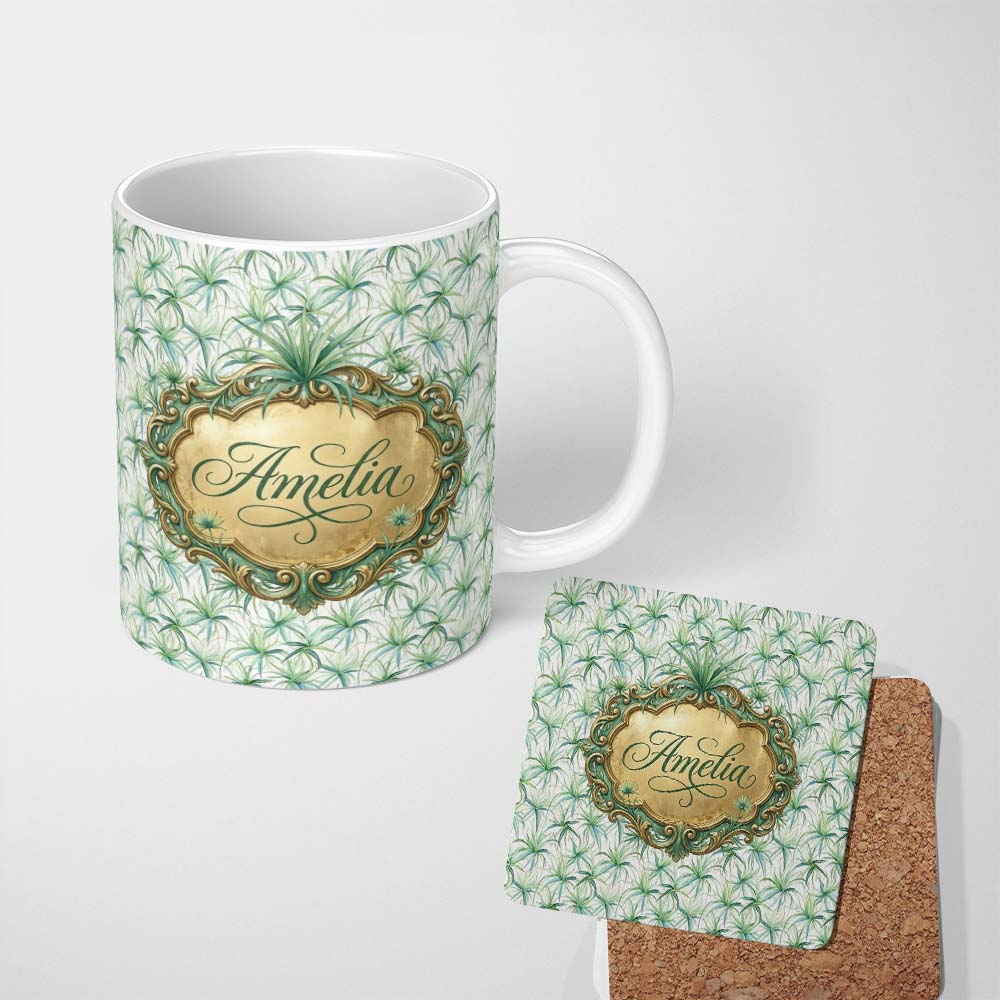 Personalized Custom Name Soft Green Air Plant Botanical Leaves Seamless Pattern Design Lovely 11oz Ceramic Coffee Tea Mug White Large Handle
