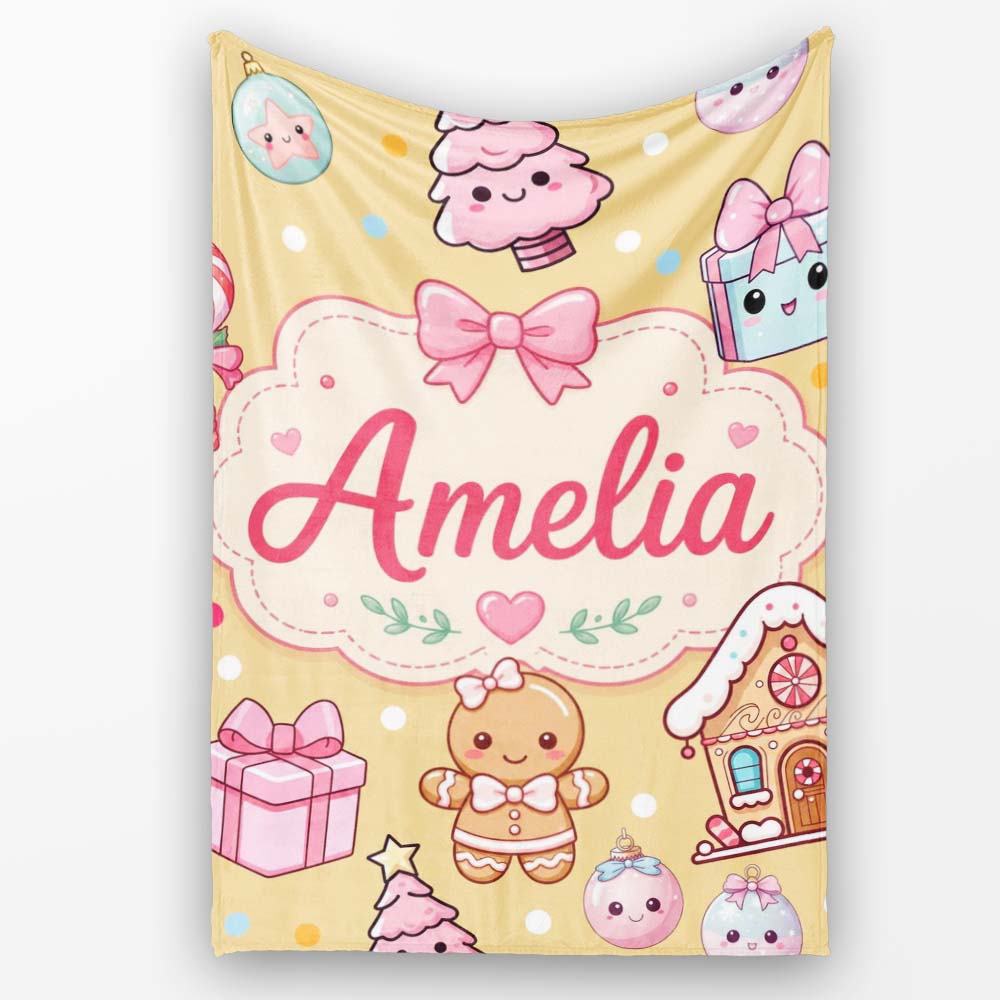 Cute Gingerbread Girl Candy House Sweets Gold Background Seamless Personalised Custom Name Super Soft Fleece Blanket Bed Sofa Throw