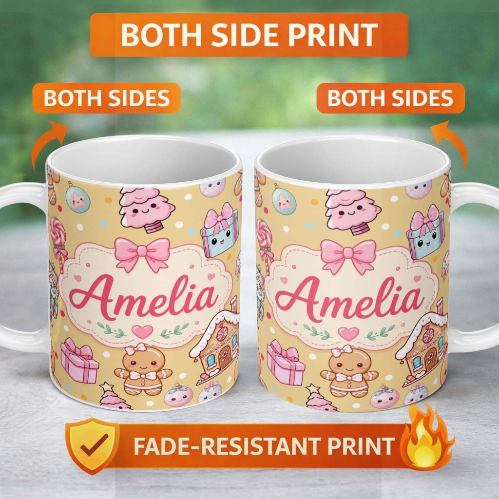 Personalized Custom Name Cute Gingerbread Girl Candy House Sweets Gold Background Seamless 11oz Ceramic Coffee Tea Mug White Large Handle