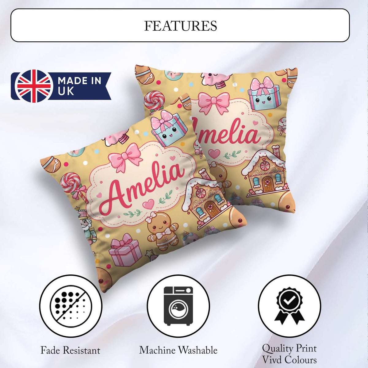 Custom Name Gingerbread Girl Candy House Sweets Gold Background Square Filled Cushion Throw Pillow Sofa Bed Home Decor Zip Washable UK Made