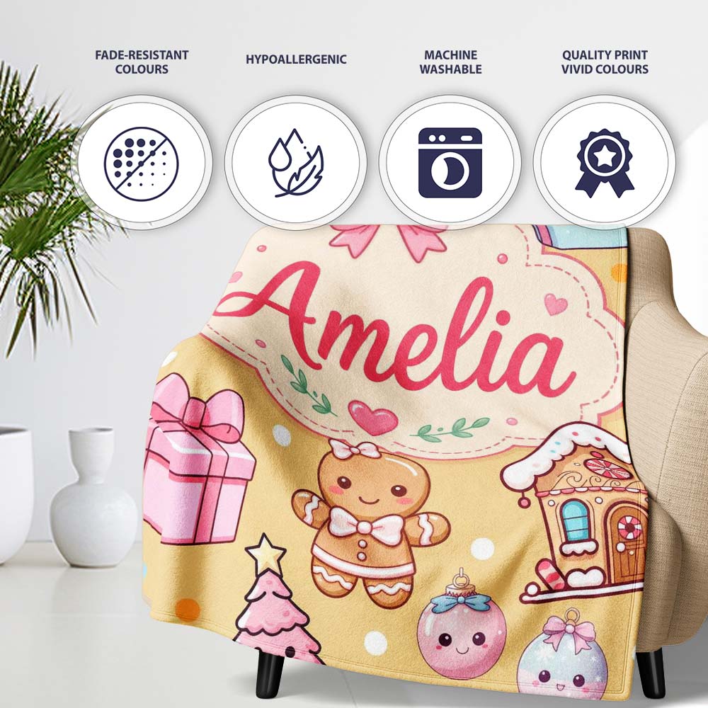 Cute Gingerbread Girl Candy House Sweets Gold Background Seamless Personalised Custom Name Super Soft Fleece Blanket Bed Sofa Throw
