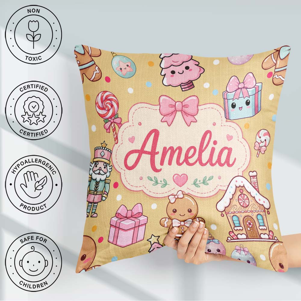 Custom Name Gingerbread Girl Candy House Sweets Gold Background Square Filled Cushion Throw Pillow Sofa Bed Home Decor Zip Washable UK Made