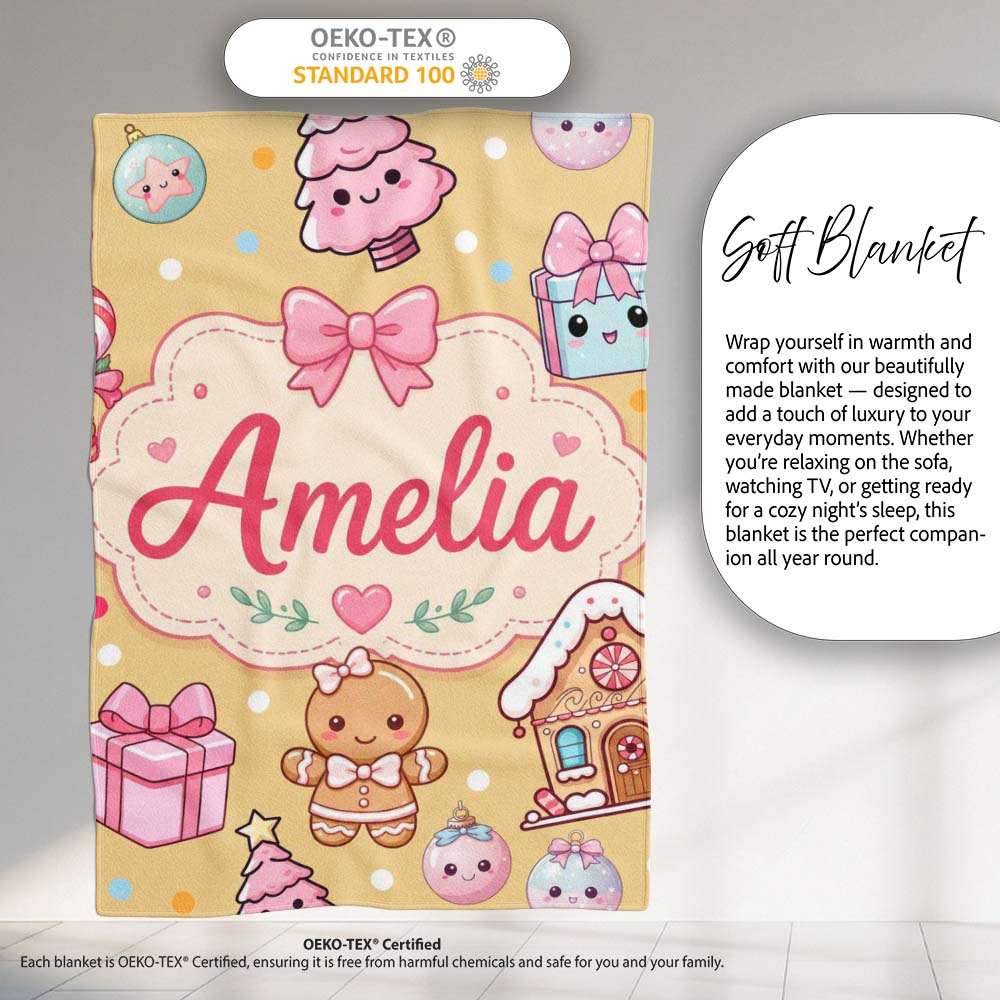 Cute Gingerbread Girl Candy House Sweets Gold Background Seamless Personalised Custom Name Super Soft Fleece Blanket Bed Sofa Throw