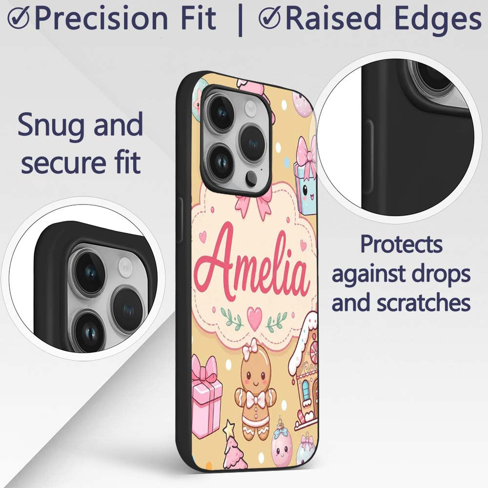 Cute Gingerbread Girl Candy House Sweets Gold Custom Name Protective Phone Case Mobile Cover Durable Everyday Smartphone Shock Resistant