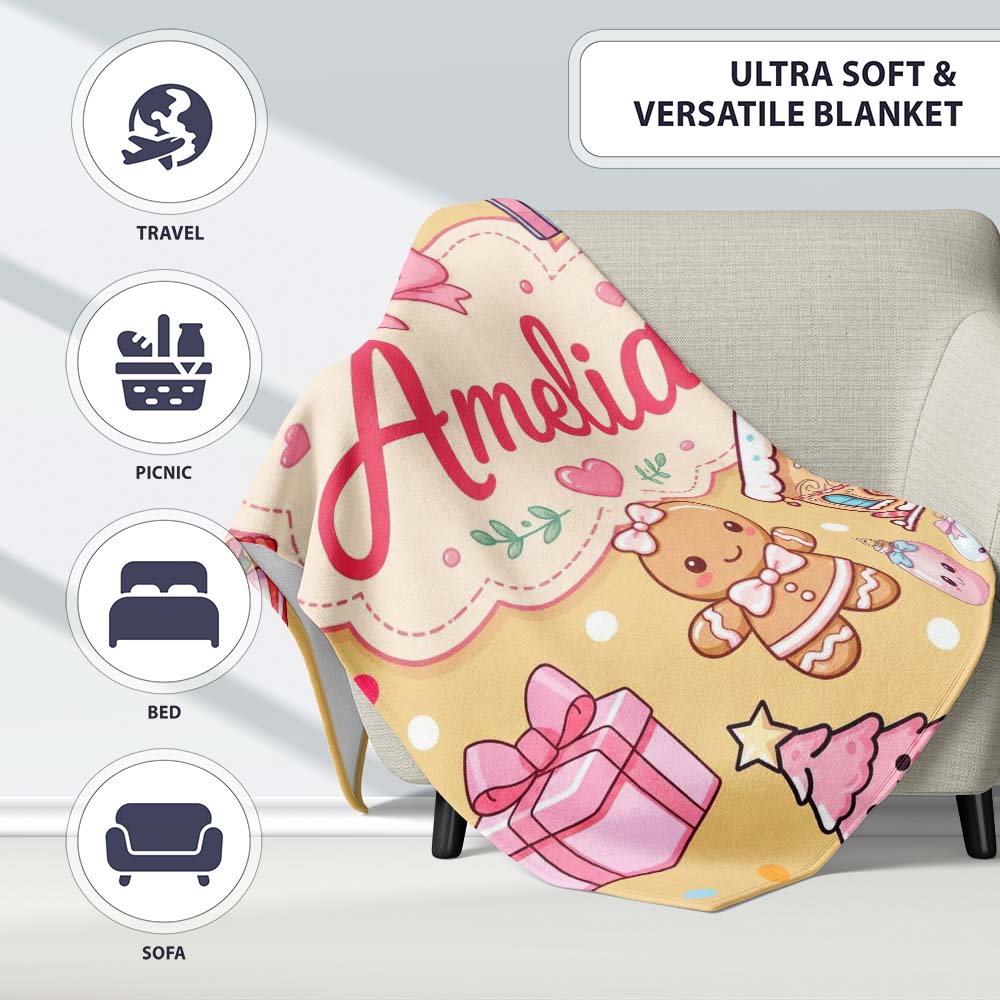 Cute Gingerbread Girl Candy House Sweets Gold Background Seamless Personalised Custom Name Super Soft Fleece Blanket Bed Sofa Throw