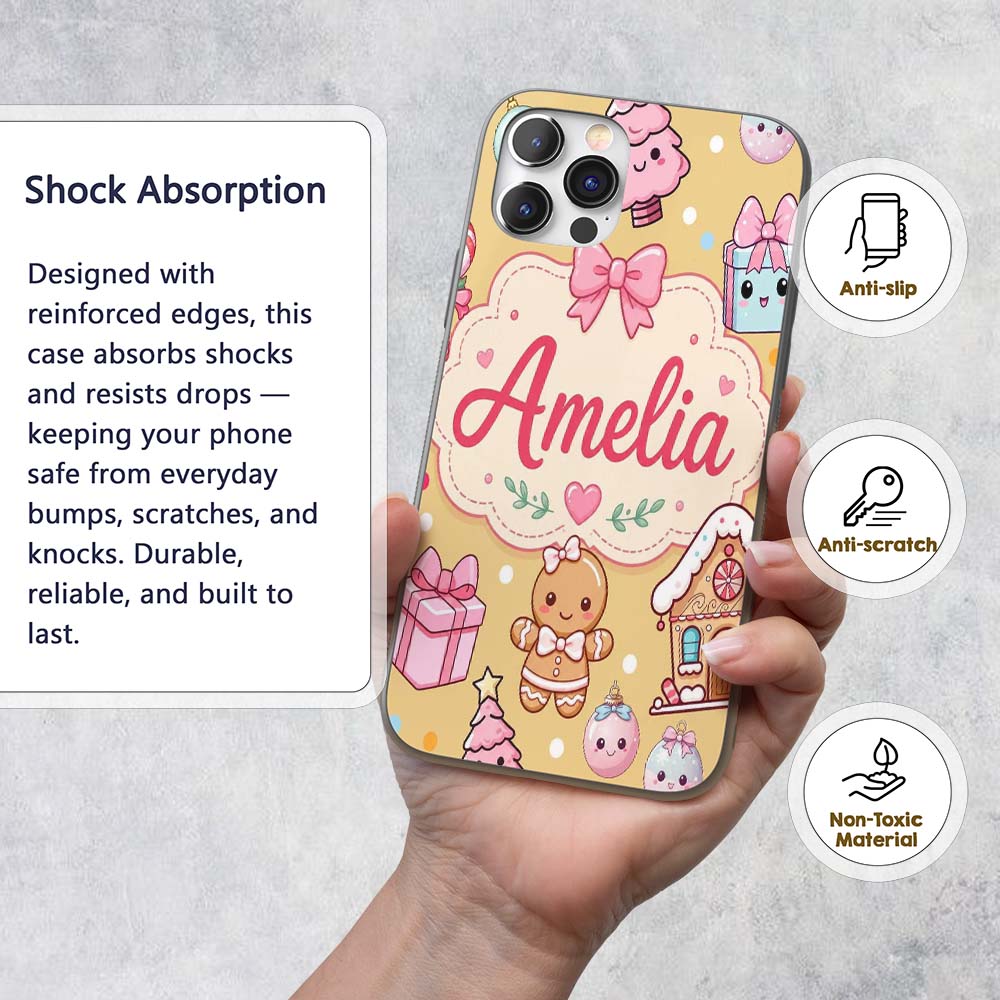 Cute Gingerbread Girl Candy House Sweets Gold Custom Name Protective Phone Case Mobile Cover Durable Everyday Smartphone Shock Resistant