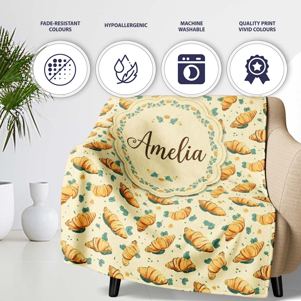 Croissant and Herb Scatter Light Cream Background Seamless Pattern Personalised Custom Name Super Soft Fleece Blanket Bed Sofa Throw