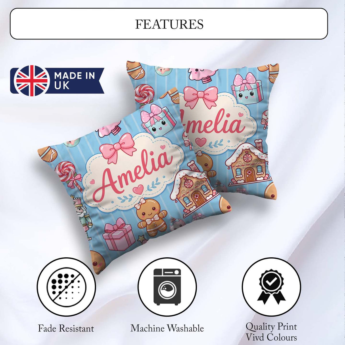 Custom Name Cute Gingerbread Girl Candy House Sweet Blue Stripe Square Filled Cushion Throw Pillow Sofa Bed Home Decor Zip Washable UK Made