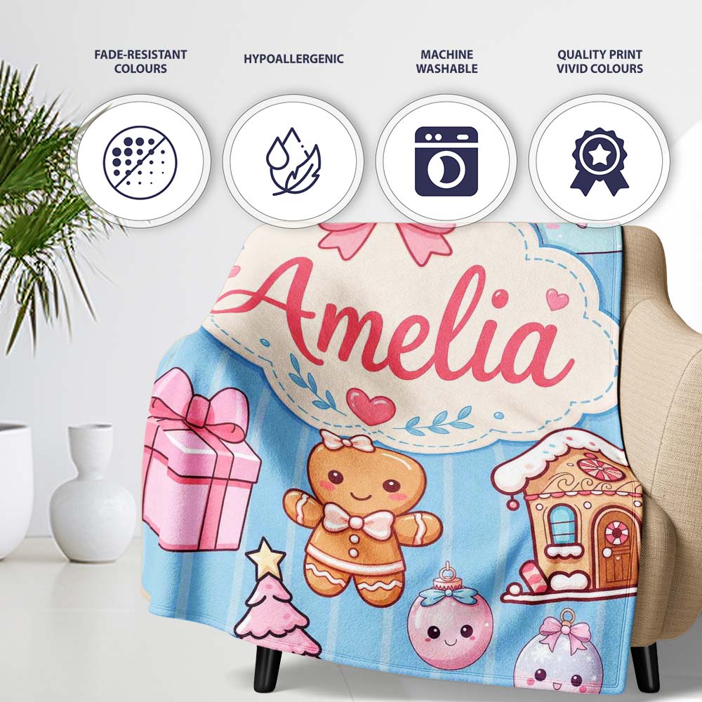 Cute Gingerbread Girl Candy House Sweet Blue Stripe Background Personalised Custom Name Super Soft Fleece Blanket Bed Sofa Throw