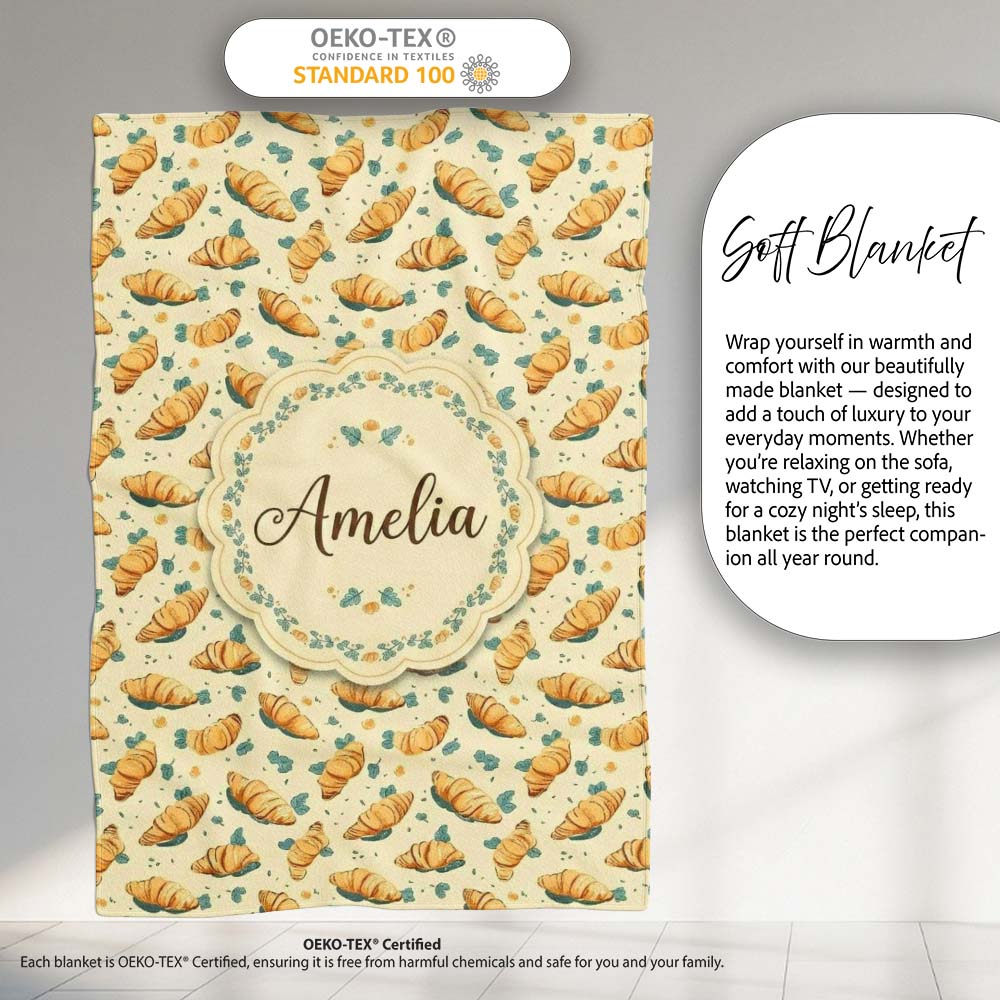 Croissant and Herb Scatter Light Cream Background Seamless Pattern Personalised Custom Name Super Soft Fleece Blanket Bed Sofa Throw