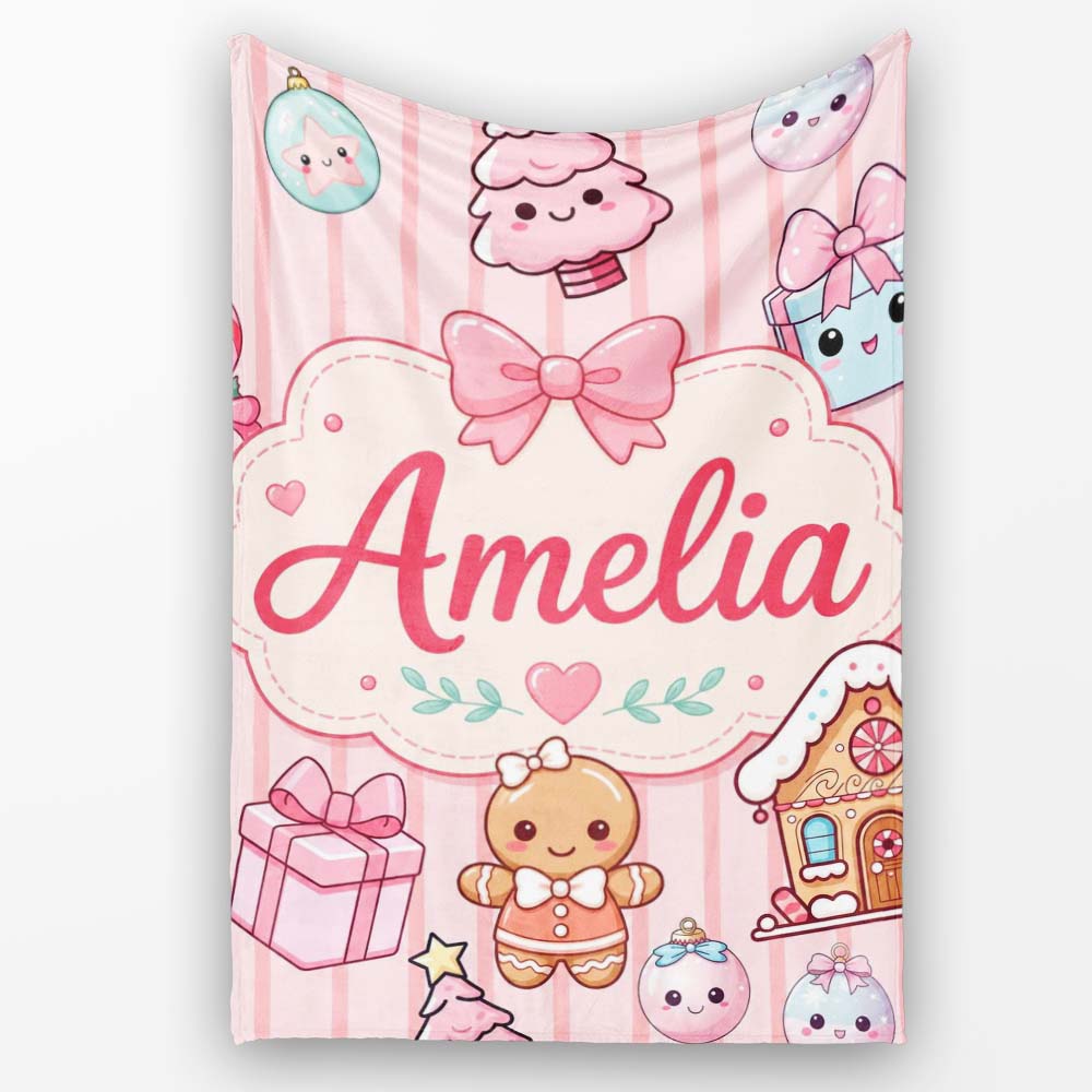 Cute Gingerbread Girl Candy House Sweet Pink Stripe Background Personalised Custom Name Super Soft Fleece Blanket Bed Sofa Throw