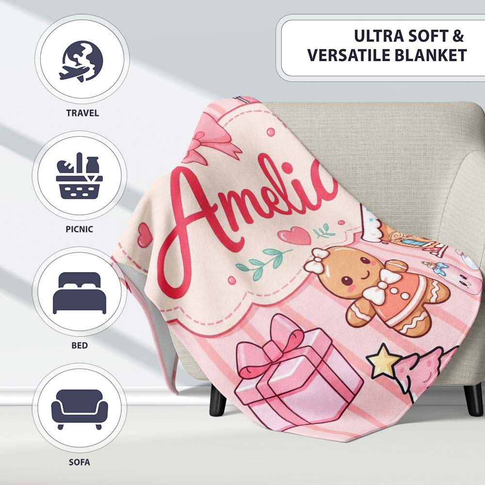 Cute Gingerbread Girl Candy House Sweet Pink Stripe Background Personalised Custom Name Super Soft Fleece Blanket Bed Sofa Throw