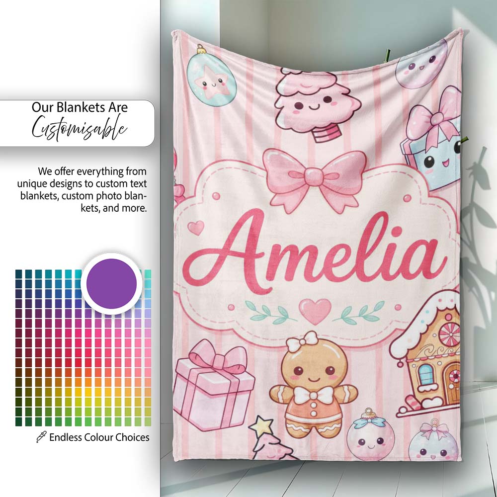 Cute Gingerbread Girl Candy House Sweet Pink Stripe Background Personalised Custom Name Super Soft Fleece Blanket Bed Sofa Throw