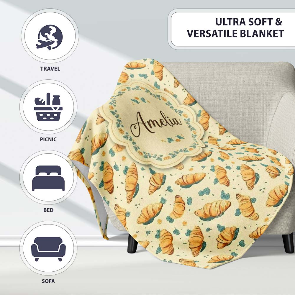 Croissant and Herb Scatter Light Cream Background Seamless Pattern Personalised Custom Name Super Soft Fleece Blanket Bed Sofa Throw