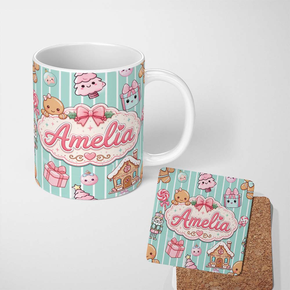 Personalized Custom Name Cute Gingerbread Girl Candy House Sweet Mint Stripe Background 11oz Ceramic Coffee Tea Mug White Large Handle