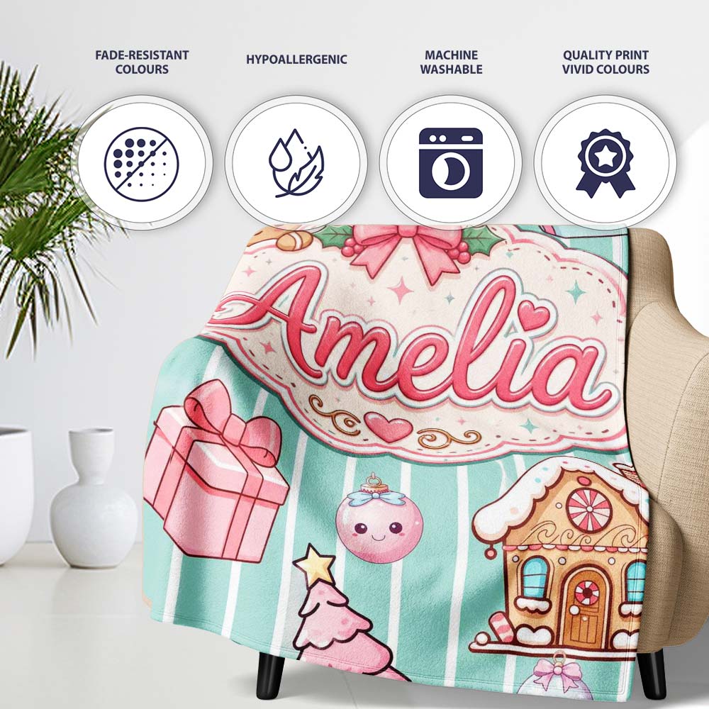 Cute Gingerbread Girl Candy House Sweet Mint Stripe Background Personalised Custom Name Super Soft Fleece Blanket Bed Sofa Throw