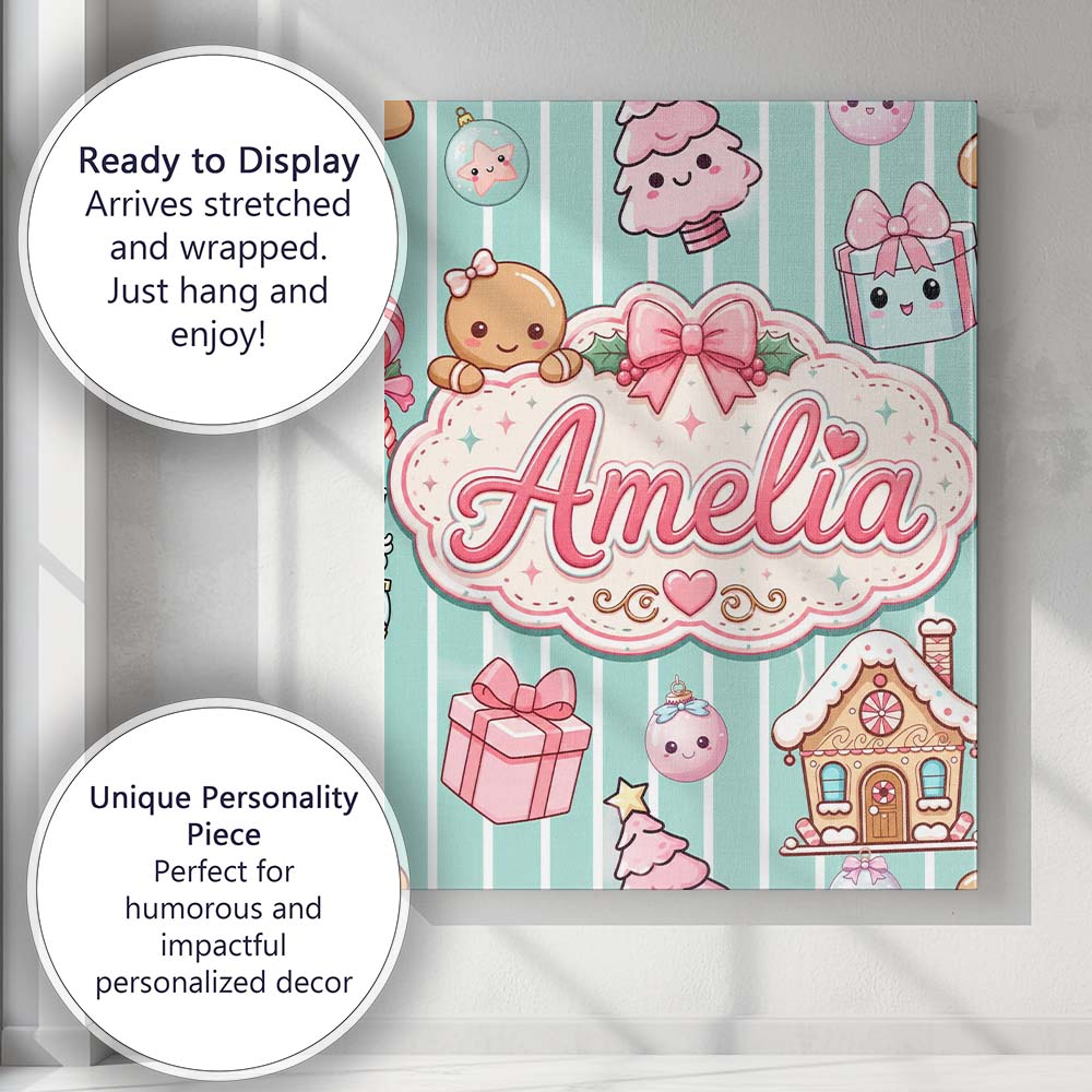 Personalised Name Cute Gingerbread Girl Custom Modern Room Accent Elegant Feature Canvas Wall Art Print Decor Picture Ready to Hang