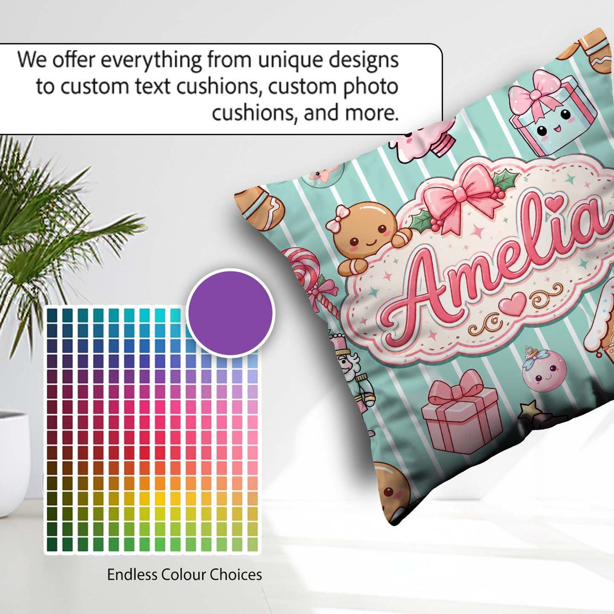 Custom Name Cute Gingerbread Girl Candy House Sweet Mint Stripe Square Filled Cushion Throw Pillow Sofa Bed Home Decor Zip Washable UK Made