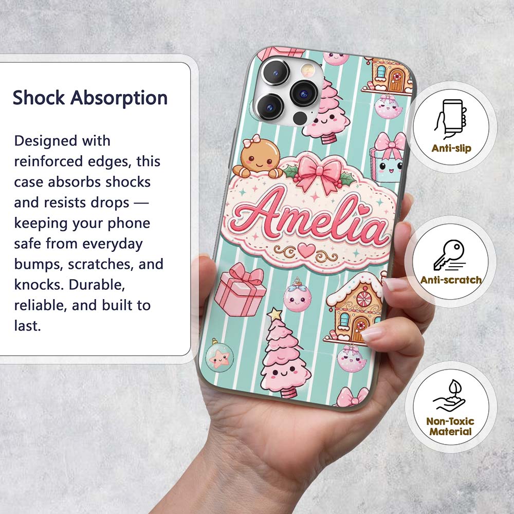 Cute Gingerbread Girl Candy House Sweet Mint Custom Name Protective Phone Case Mobile Cover Durable Everyday Smartphone Shock Resistant