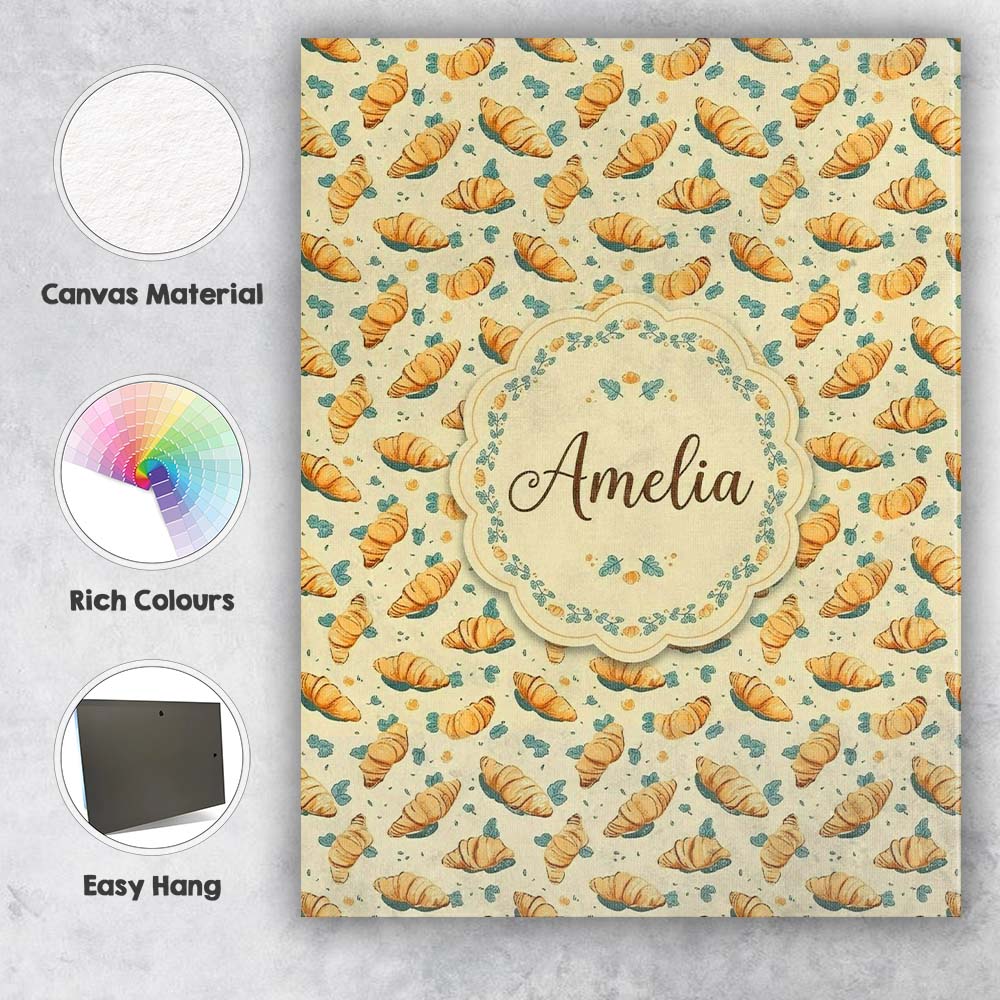 Personalised Name Croissant and Herb Scatter Light Cream Background Custom Canvas Wall Art Print Decor Picture Ready to Hang