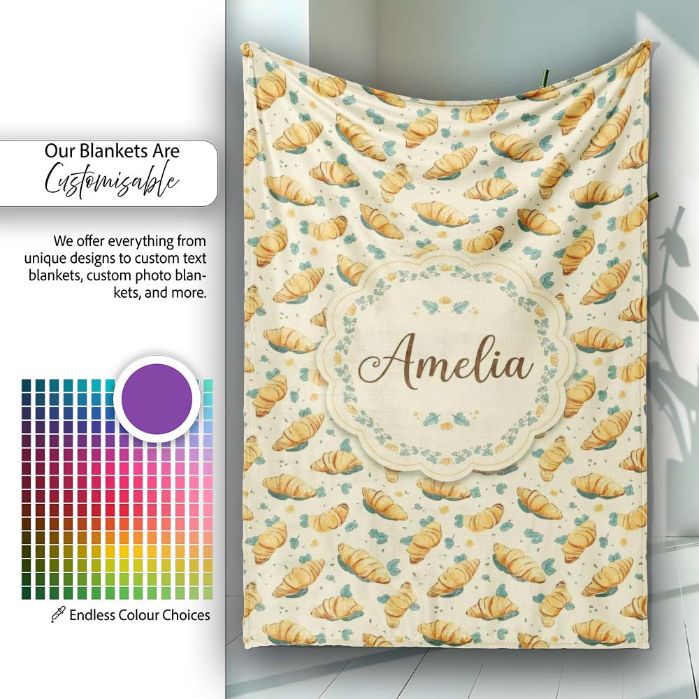 Croissant and Herb Scatter Light Cream Background Seamless Pattern Personalised Custom Name Super Soft Fleece Blanket Bed Sofa Throw
