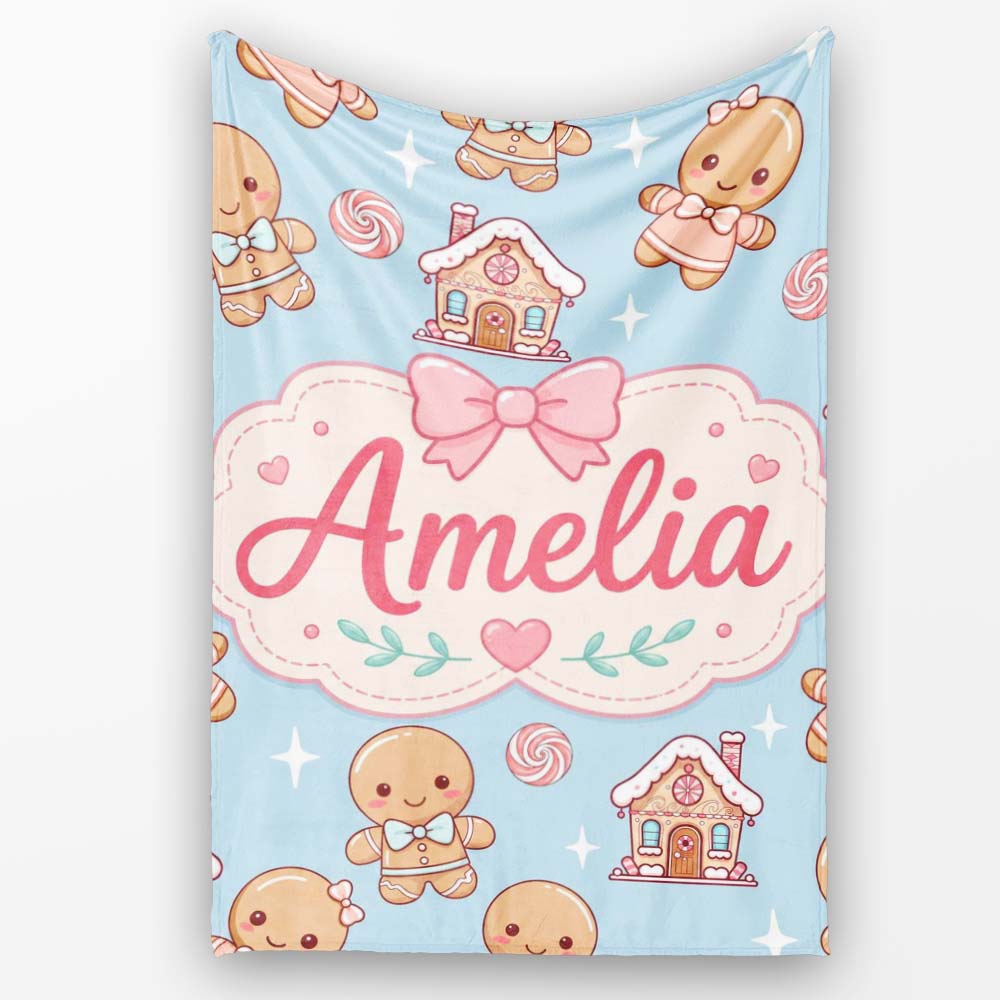Cute Gingerbread Cookies Candy Stars Blue Background Seamless Personalised Custom Name Super Soft Fleece Blanket Bed Sofa Throw