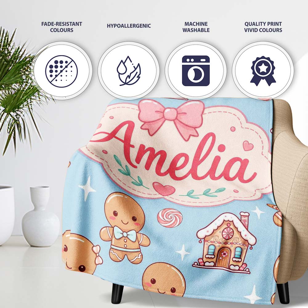 Cute Gingerbread Cookies Candy Stars Blue Background Seamless Personalised Custom Name Super Soft Fleece Blanket Bed Sofa Throw
