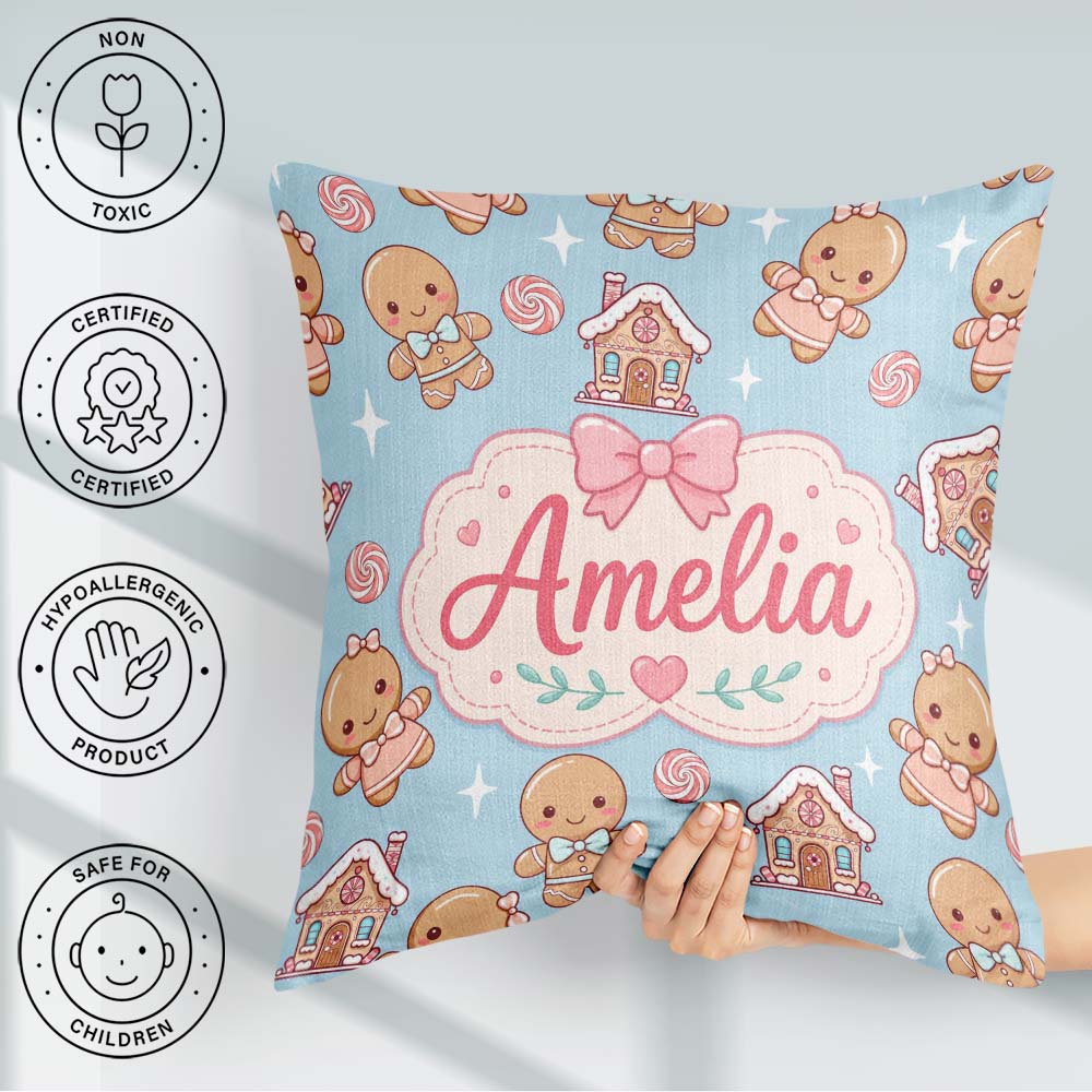 Custom Name Cute Gingerbread Cookies Candy Stars Blue Background Square Filled Cushion Throw Pillow Sofa Bed Home Decor Zip Washable UK Made