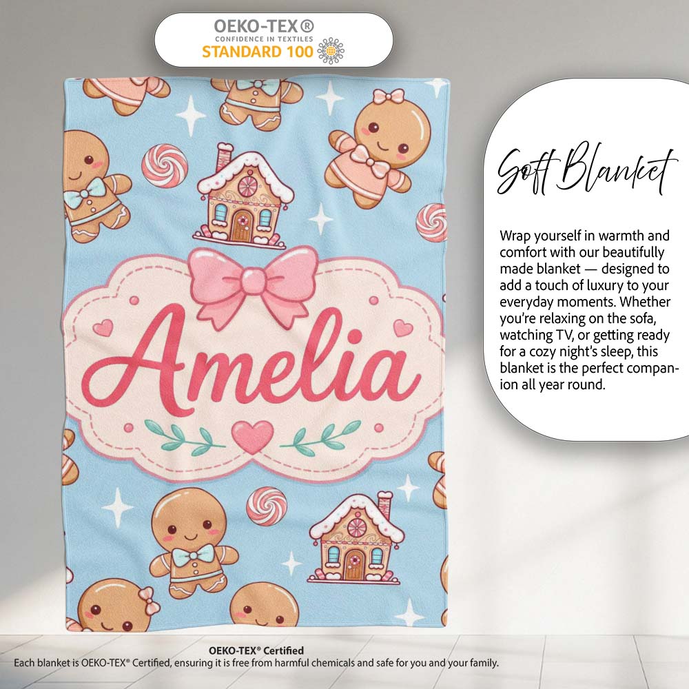 Cute Gingerbread Cookies Candy Stars Blue Background Seamless Personalised Custom Name Super Soft Fleece Blanket Bed Sofa Throw