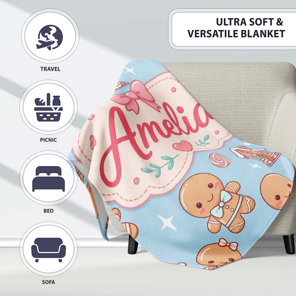 Cute Gingerbread Cookies Candy Stars Blue Background Seamless Personalised Custom Name Super Soft Fleece Blanket Bed Sofa Throw