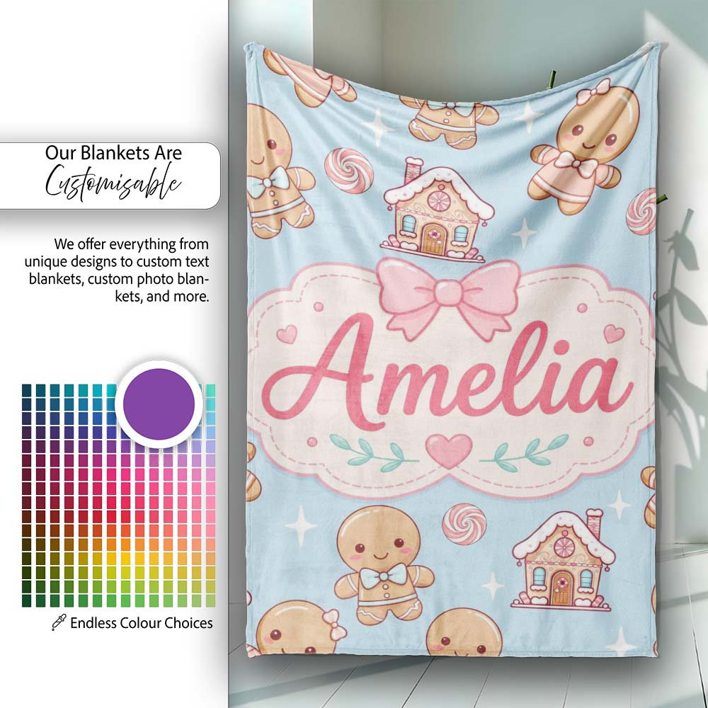 Cute Gingerbread Cookies Candy Stars Blue Background Seamless Personalised Custom Name Super Soft Fleece Blanket Bed Sofa Throw