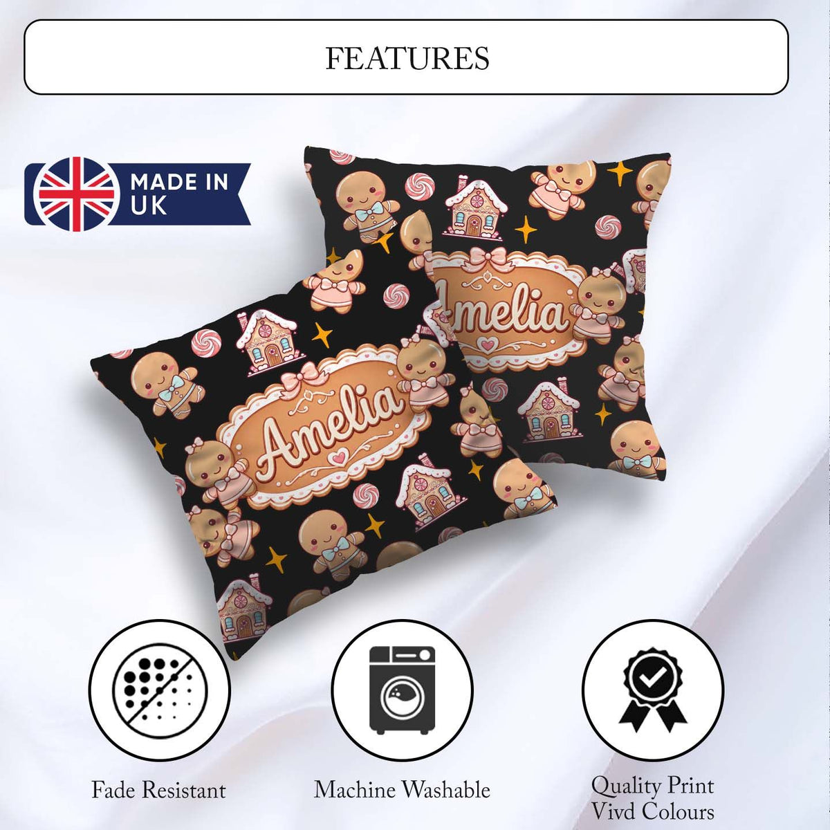 Custom Name Cute Gingerbread Cookies Candy Stars Black Seamless Square Filled Cushion Throw Pillow Sofa Bed Home Decor Zip Washable UK Made