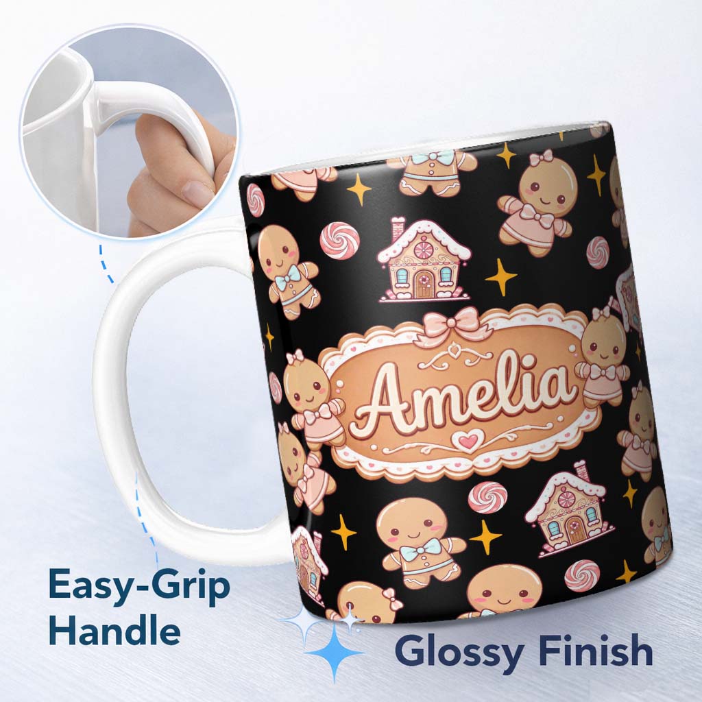 Personalized Custom Name Cute Gingerbread Cookies Candy Stars Black Background Seamless 11oz Ceramic Coffee Tea Mug White Large Handle