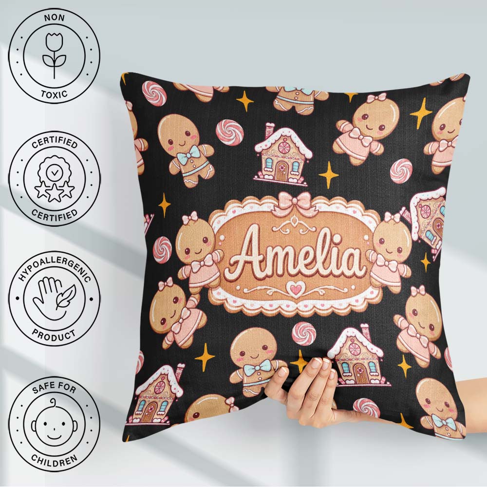 Custom Name Cute Gingerbread Cookies Candy Stars Black Seamless Square Filled Cushion Throw Pillow Sofa Bed Home Decor Zip Washable UK Made