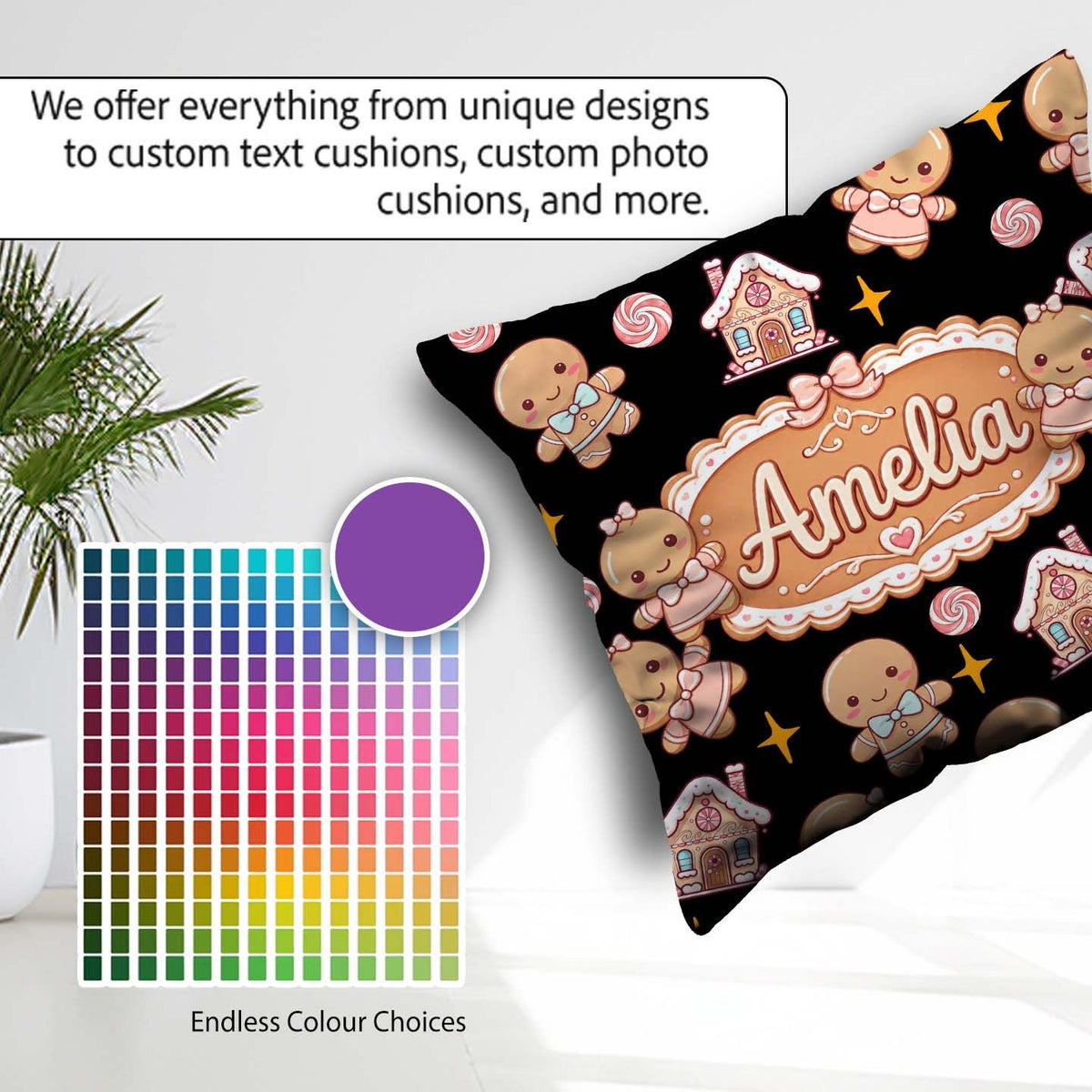 Custom Name Cute Gingerbread Cookies Candy Stars Black Seamless Square Filled Cushion Throw Pillow Sofa Bed Home Decor Zip Washable UK Made