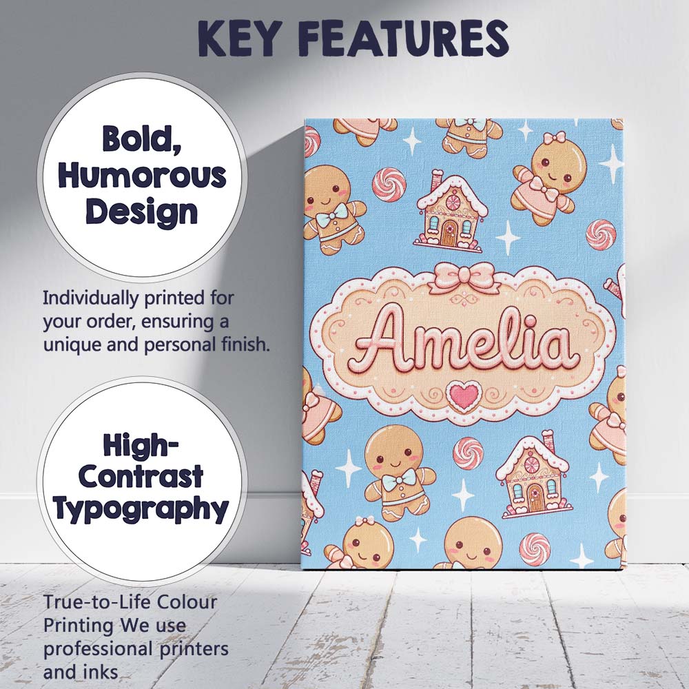 Personalised Name Cute Gingerbread Cookies Custom Unique Gift Idea Elegant Feature Canvas Wall Art Print Decor Picture Ready to Hang