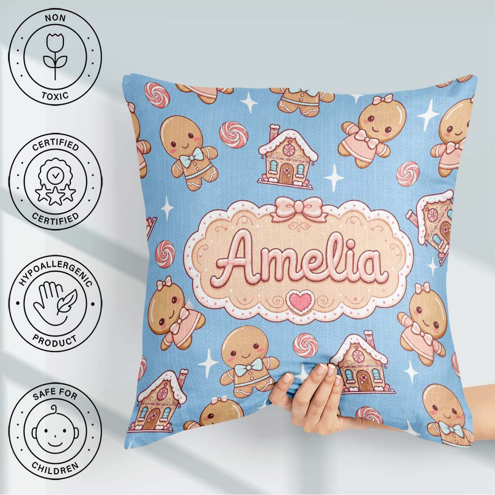 Custom Name Cute Gingerbread Cookies Candy House Blue Background Square Filled Cushion Throw Pillow Sofa Bed Home Decor Zip Washable UK Made